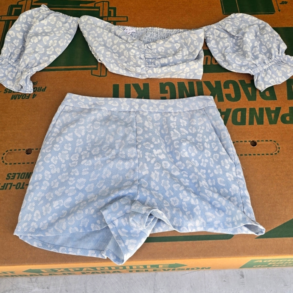 Blue Leopard Print Off-Shoulder Top and Shorts Set